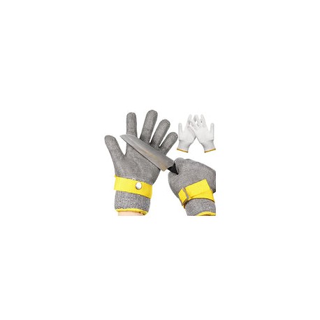 2 guantes de acero inoxidable a prueba de cortes de nivel 9, con 2 guantes de nailon para carnicero de ostras (bordes amarillos
