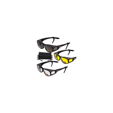 3 pares de lentes de seguridad con sistema avanzado Escort que se adaptan a la mayoría de las gafas, cierres de goma y bolsa de