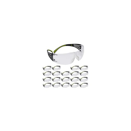 3M Gafas de seguridad, SecureFit, paquete de 20, ANSI Z87, lente transparente antiarañazos, marco verde/negro, patillas flexibl