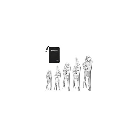 Amazon Basics - Juego de 5 alicates de bloqueo CR-V y cortadores de alambre con funda de transporte, (2) rectos, (3) mandíbula 