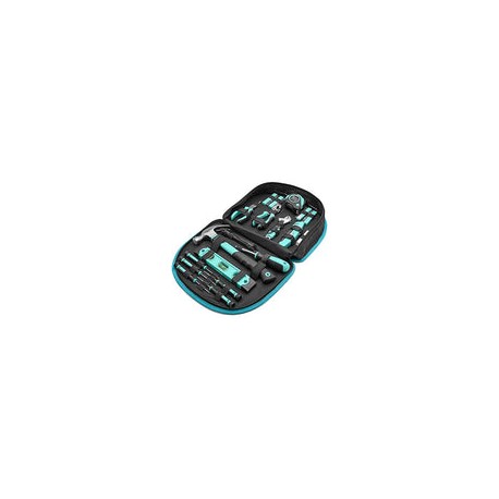 Amazon Basics - Juego de herramientas con bolsa redonda fácil de transportar, 104 piezas, color turquesa