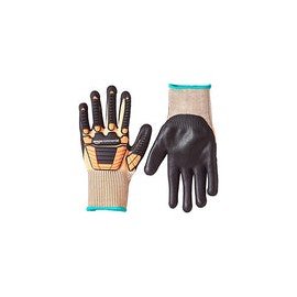 AmazonCommercial Guantes de nitrilo de espuma y seda dorada 13G con protección contra impactos (naranja/negro), talla M, 1 par