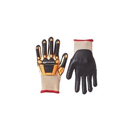 AmazonCommercial Guantes de nitrilo de espuma y seda dorada 13G con protección contra impactos (naranja/negro), talla S, 1 par