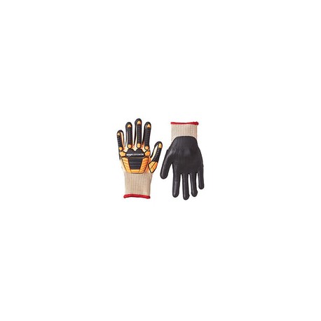 AmazonCommercial Guantes de nitrilo de espuma y seda dorada 13G con protección contra impactos (naranja/negro), talla S, 1 par