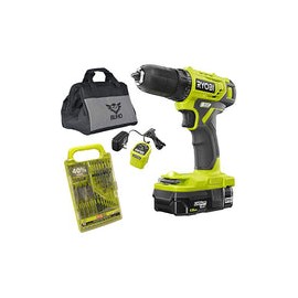 Conjunto de herramientas para el hogar Ryobi con taladro Ryobi 18V ONE +, brocas, herramientas para el hogar y linterna de bols